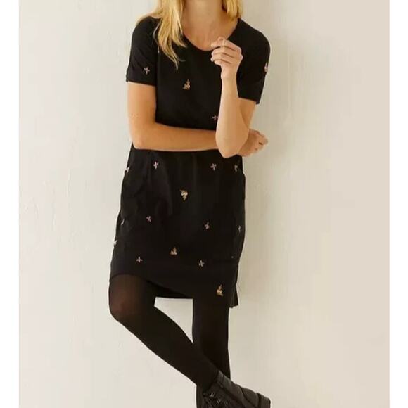 FATFACE Sz 6 Black Floral Embroidered Jersey T-shirt Dress Dark Fairy Boho - Picture 1 of 10
